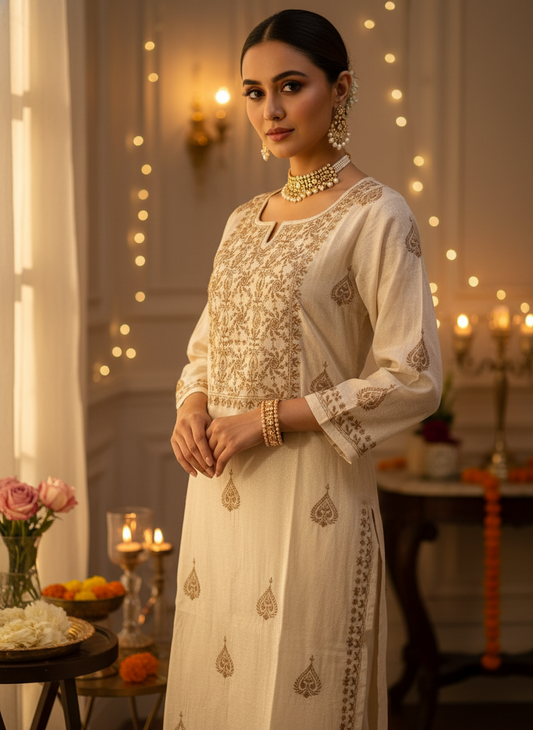 TISSUE COTTON PREMIUM HAND-EMBROIDERED CHIKANKARI KURTA -Brown