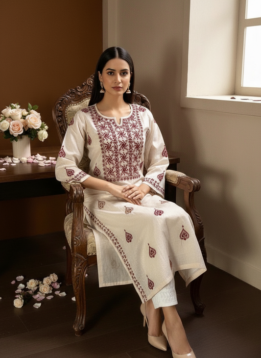 TISSUE COTTON PREMIUM HAND-EMBROIDERED CHIKANKARI KURTA -WINE