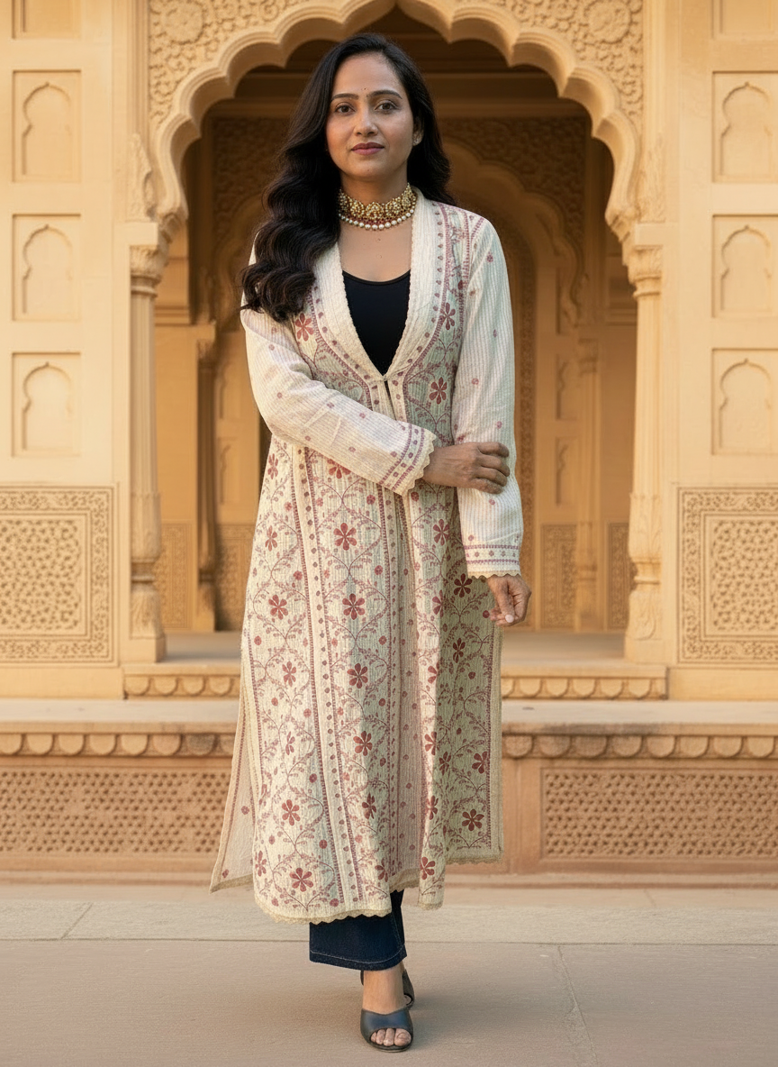 EXCLUSIVE CREAM COLOR LONG NOORI JACKET WITH HANDCRAFTED CHIKANKARI