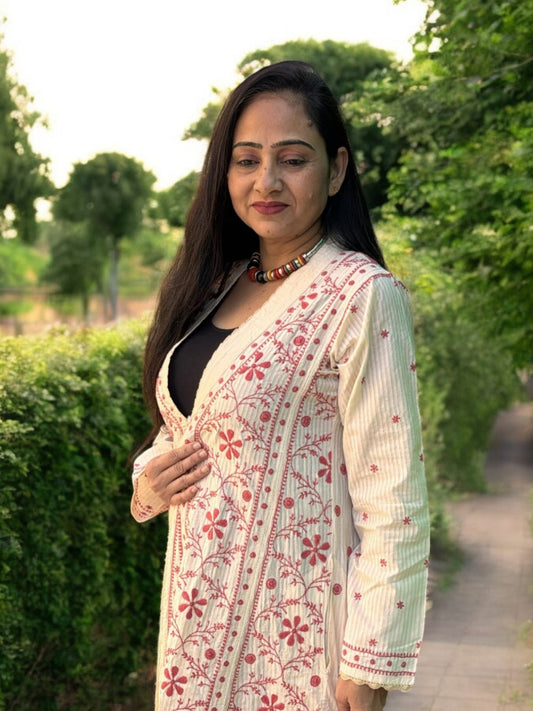 EXCLUSIVE CREAM COLOR LONG NOORI JACKET WITH HANDCRAFTED CHIKANKARI