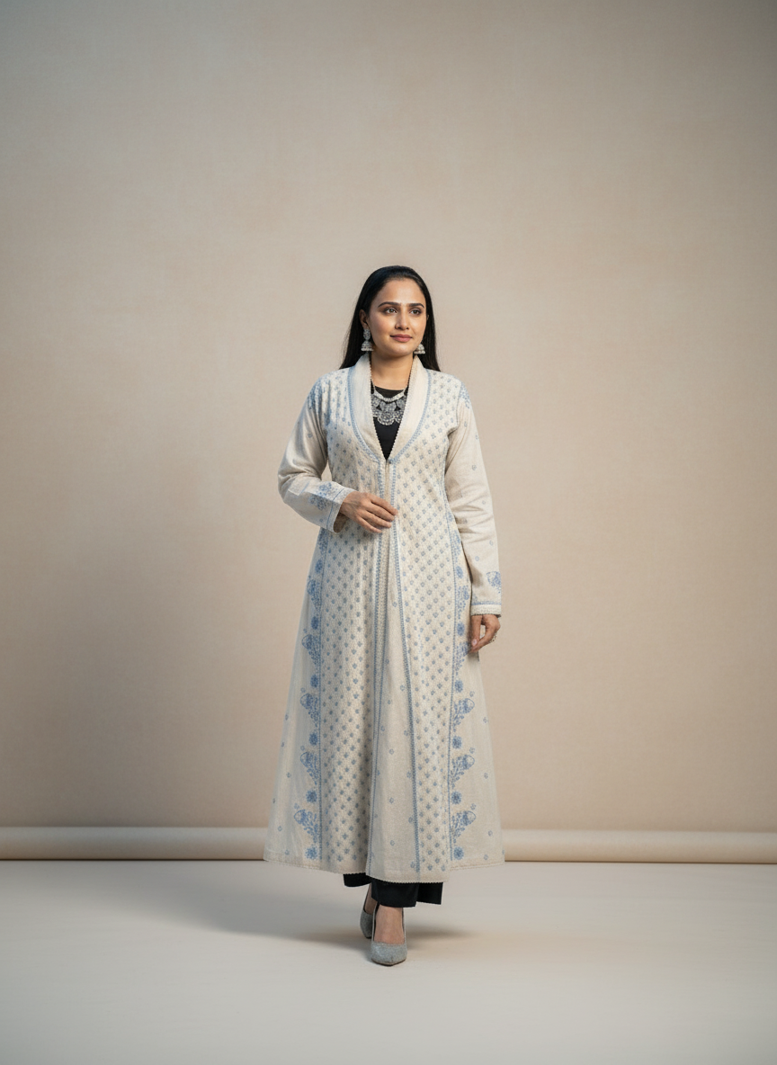 EXCLUSIVE GREY LONG NOORI   COLOR JACKET WITH HANDCRAFTED CHIKANKARI