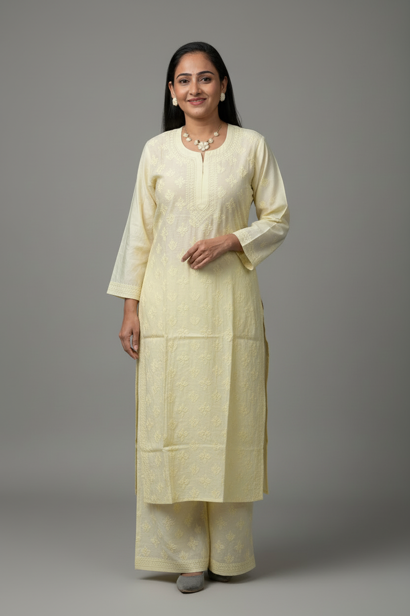 PASTEL  YELLOW COLOR CHANDERI COTTON SUIT WITH CHIKANKARI 011