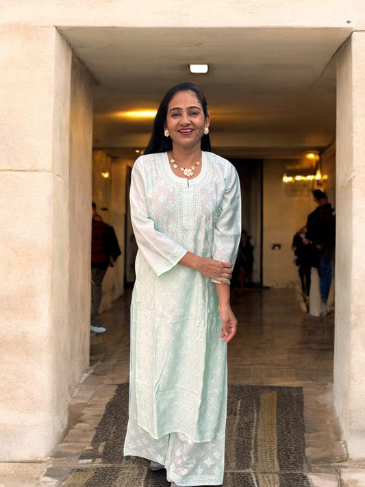 PASTEL BLUE COLOR CHANDERI COTTON SUIT WITH CHIKANKARI