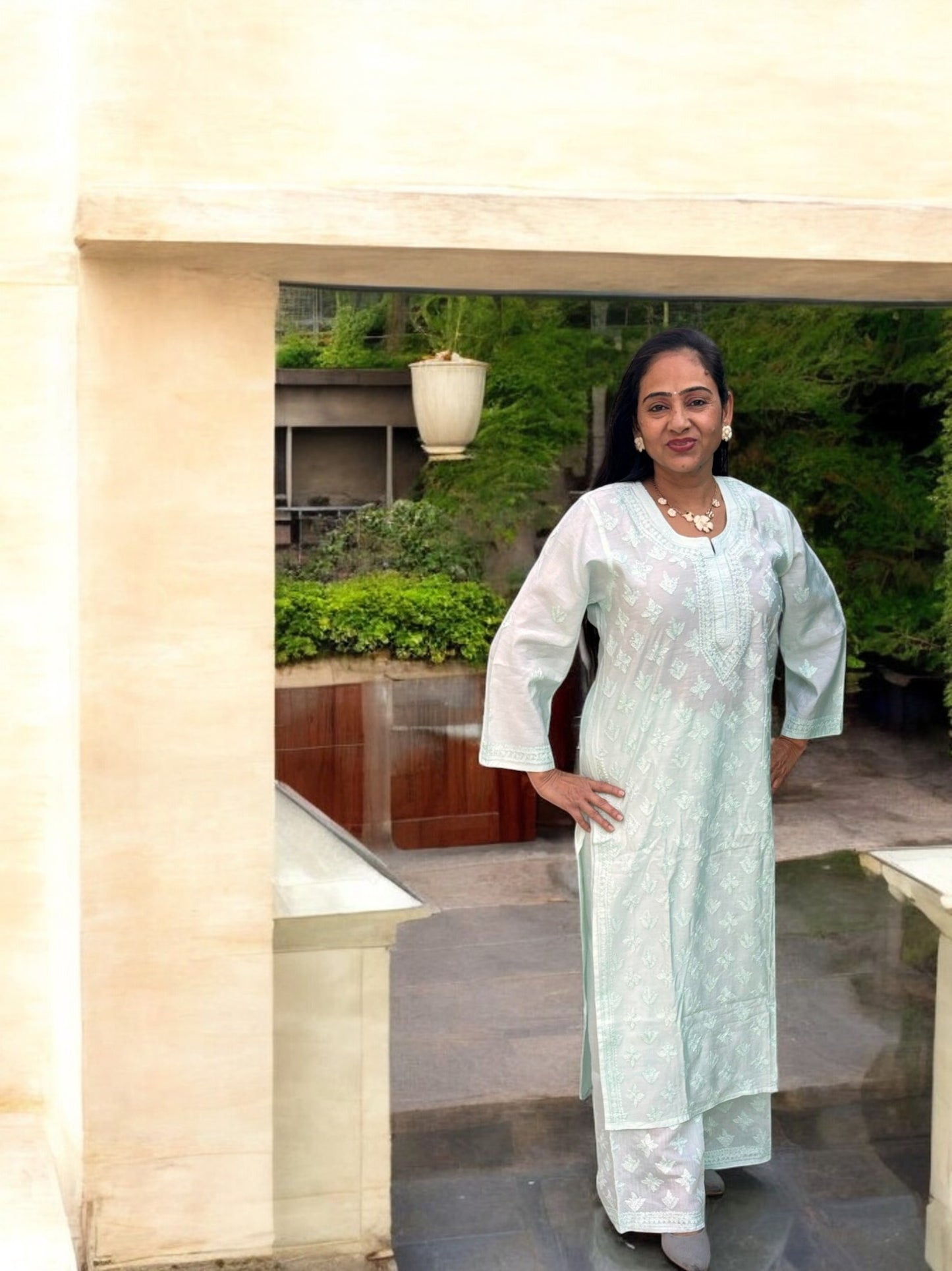 PASTEL BLUE COLOR CHANDERI COTTON SUIT WITH CHIKANKARI