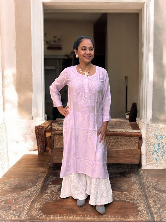 PASTEL MUSLIN CHIKANKARI KURTI WITH GHAS PATTI EMBROIDERY