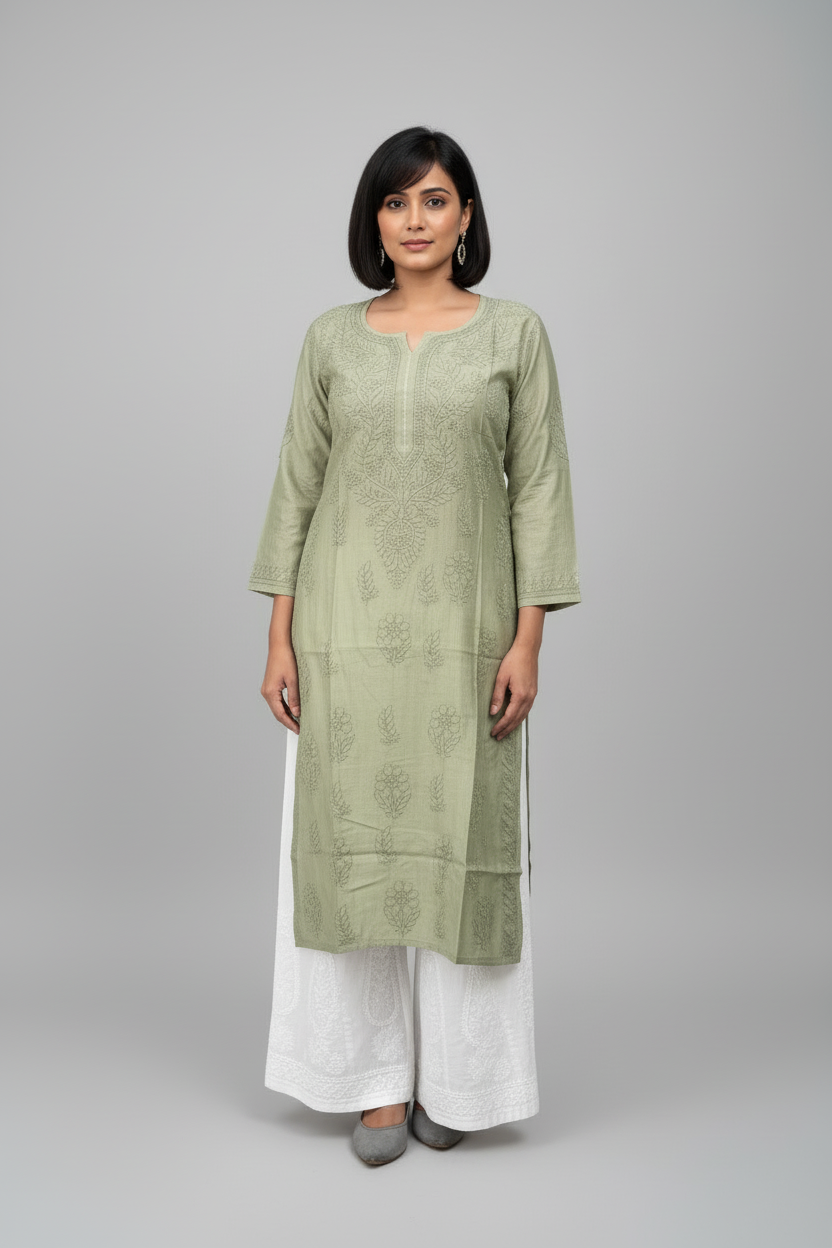 MUSLIN CHIKANKARI KURTI WITH SHADOW WORK