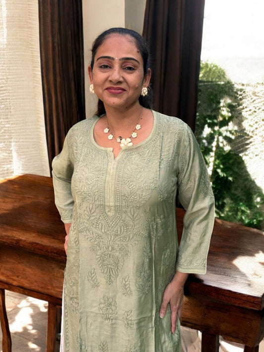 PASTEL GREEN MUSLIN CHIKANKARI KURTI