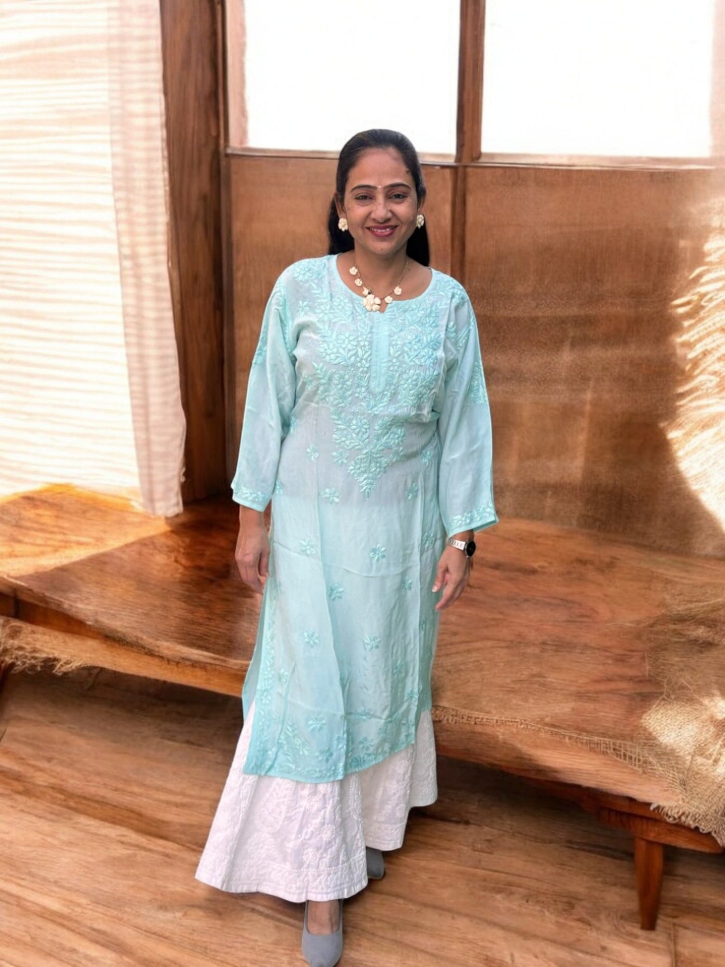 PASTEL BLUE  SATIN CHIKANKARI KURTI