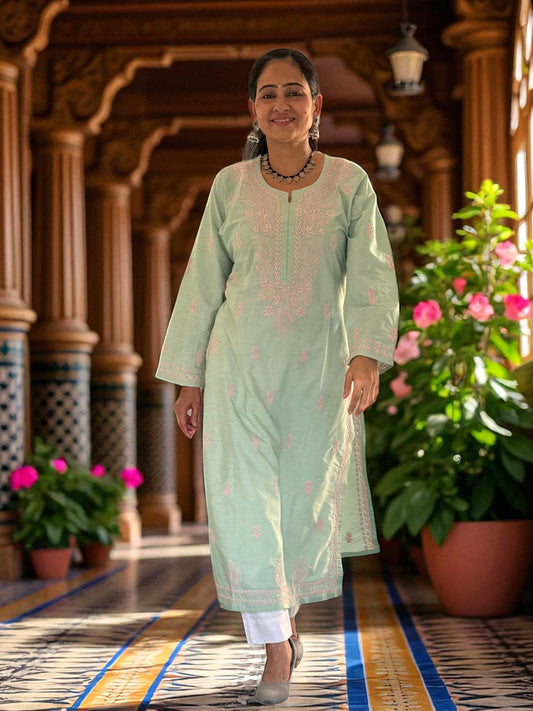 RAJASI PASTEL GREEN CHIKANKARI KURTI