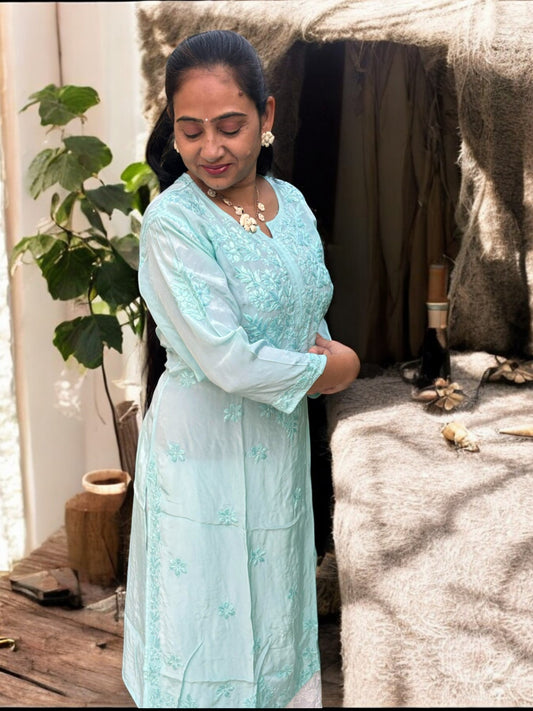 PASTEL BLUE  SATIN CHIKANKARI KURTI