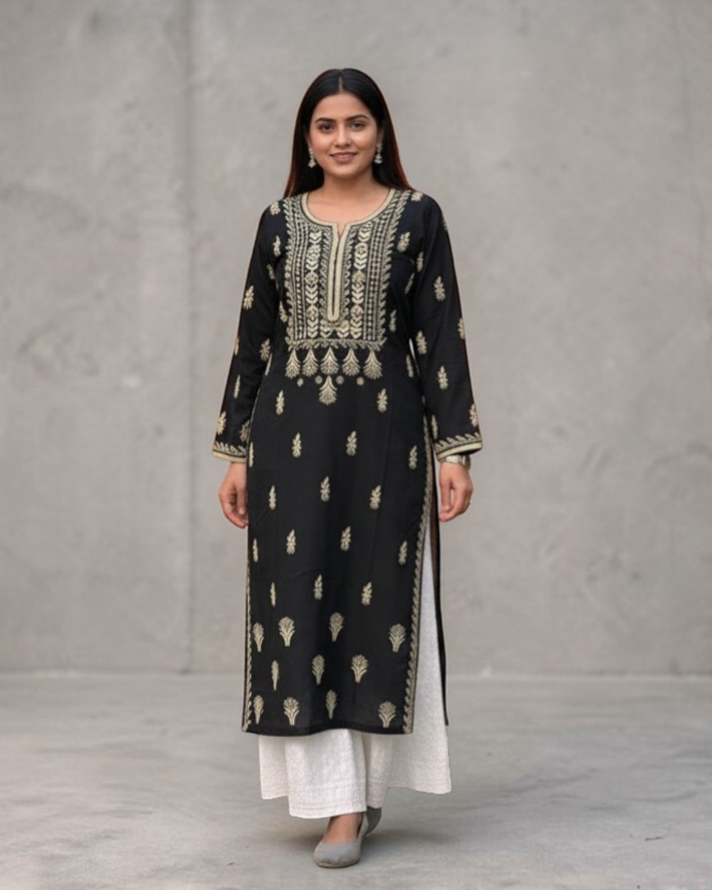 BLACK NOORI STYLE HANDCRAFTED CHIKANKARI STRAIGHT KURTI