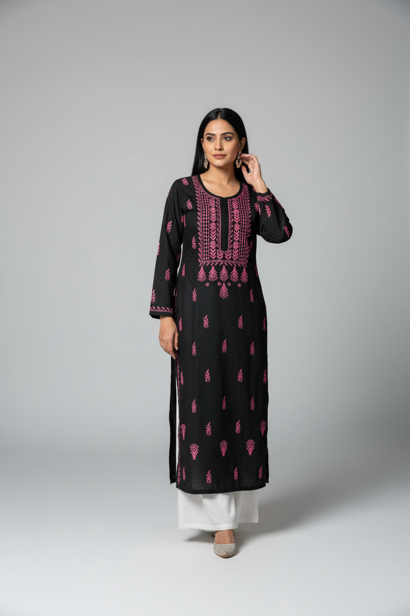 BLACK NOORI STYLE HANDCRAFTED CHIKANKARI STRAIGHT KURTI