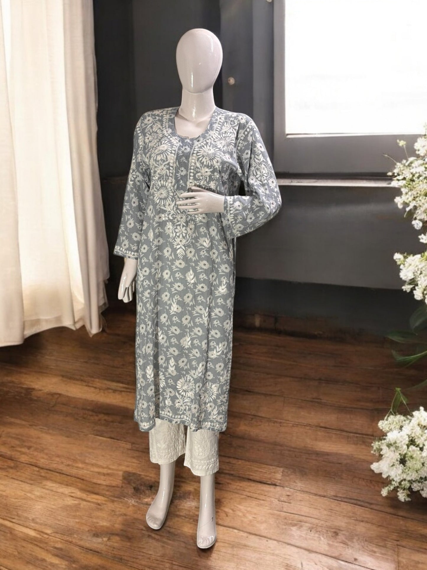 FLORAL PRINT ZIANA GREY CHIKANKARI STRAIGHT KURTI