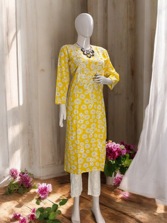 FLORAL PRINT ZIANA YELLOW MUL-COTTON CHIKANKARI  KURTI
