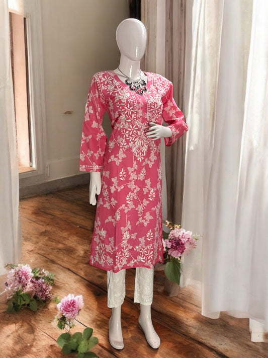 FLORAL PRINT ZIANA PINK CHIKANKARI STRAIGHT KURTI