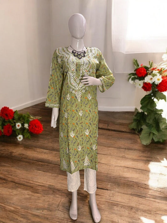 FLORAL PRINT ZIANA GREEN CHIKANKARI STRAIGHT KURTI