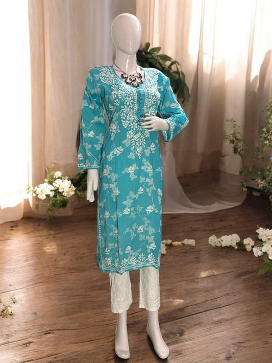 FLORAL PRINT ZIANA CYNE BLUE  CHIKANKARI KURTI
