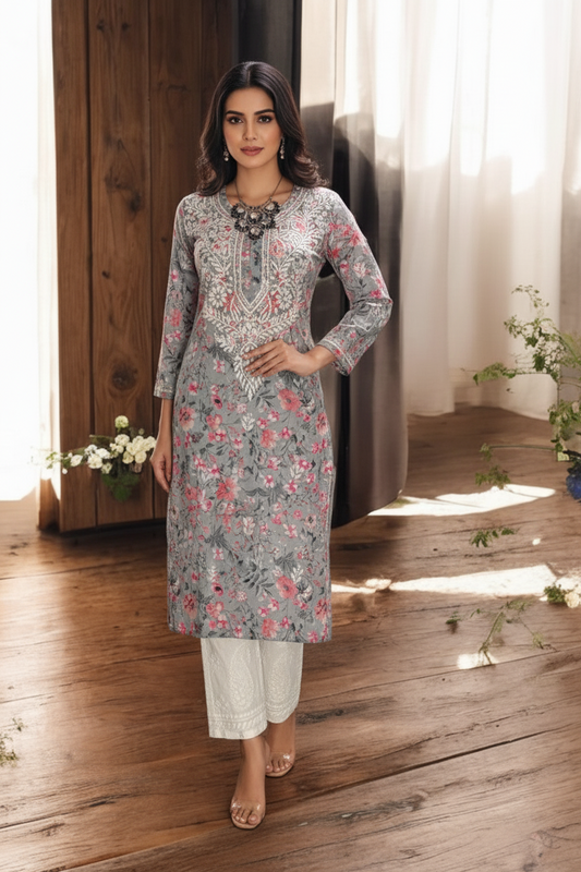 FLORAL PRINT ZIANA GREY CHIKANKARI  KURTI