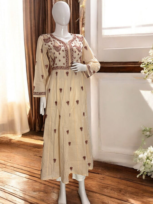 PREMIUM CHANDERI COTTON ANARKALI NOORI -COFFEE CREAM