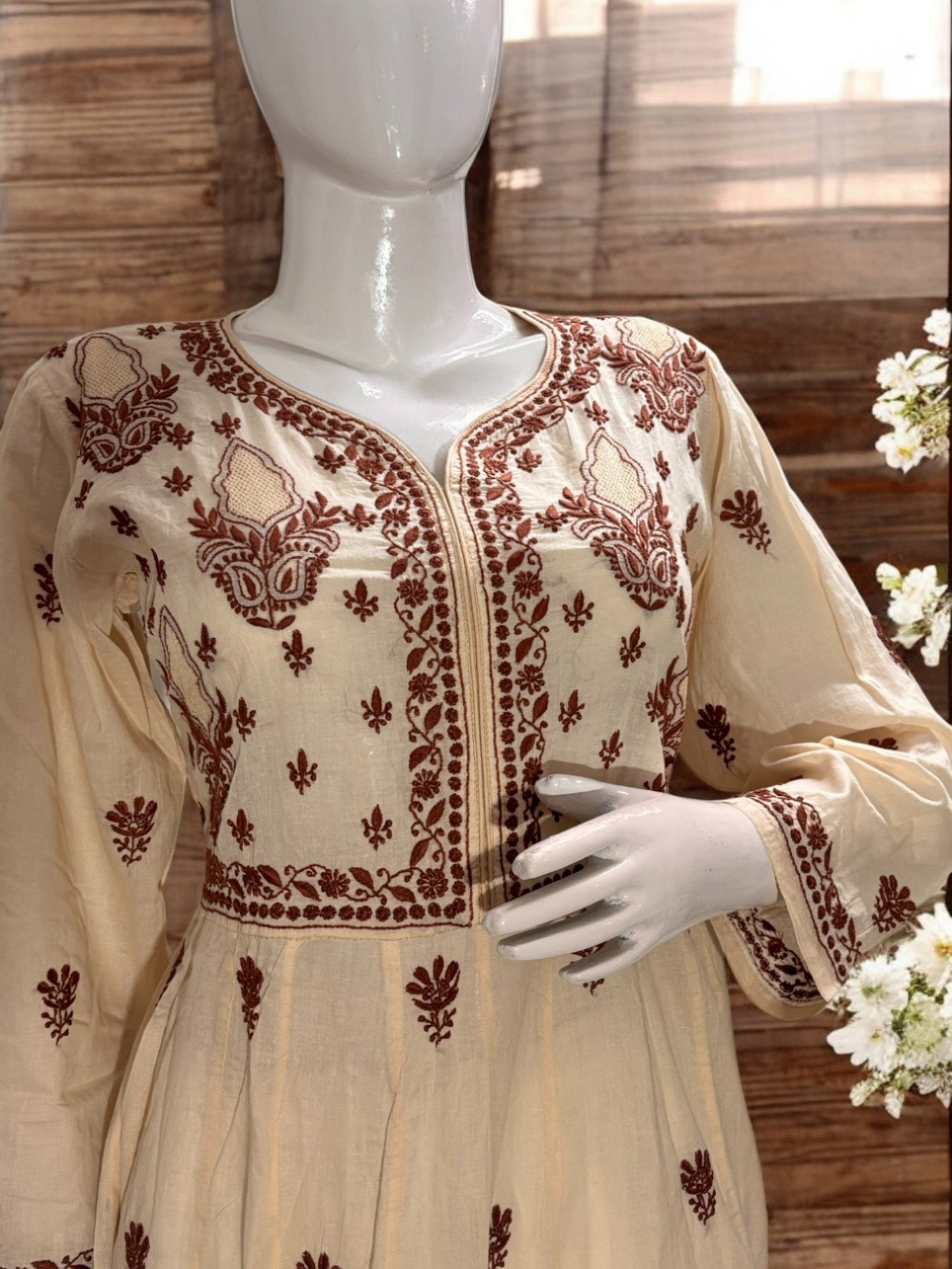 PREMIUM CHANDERI COTTON ANARKALI NOORI -COFFEE CREAM