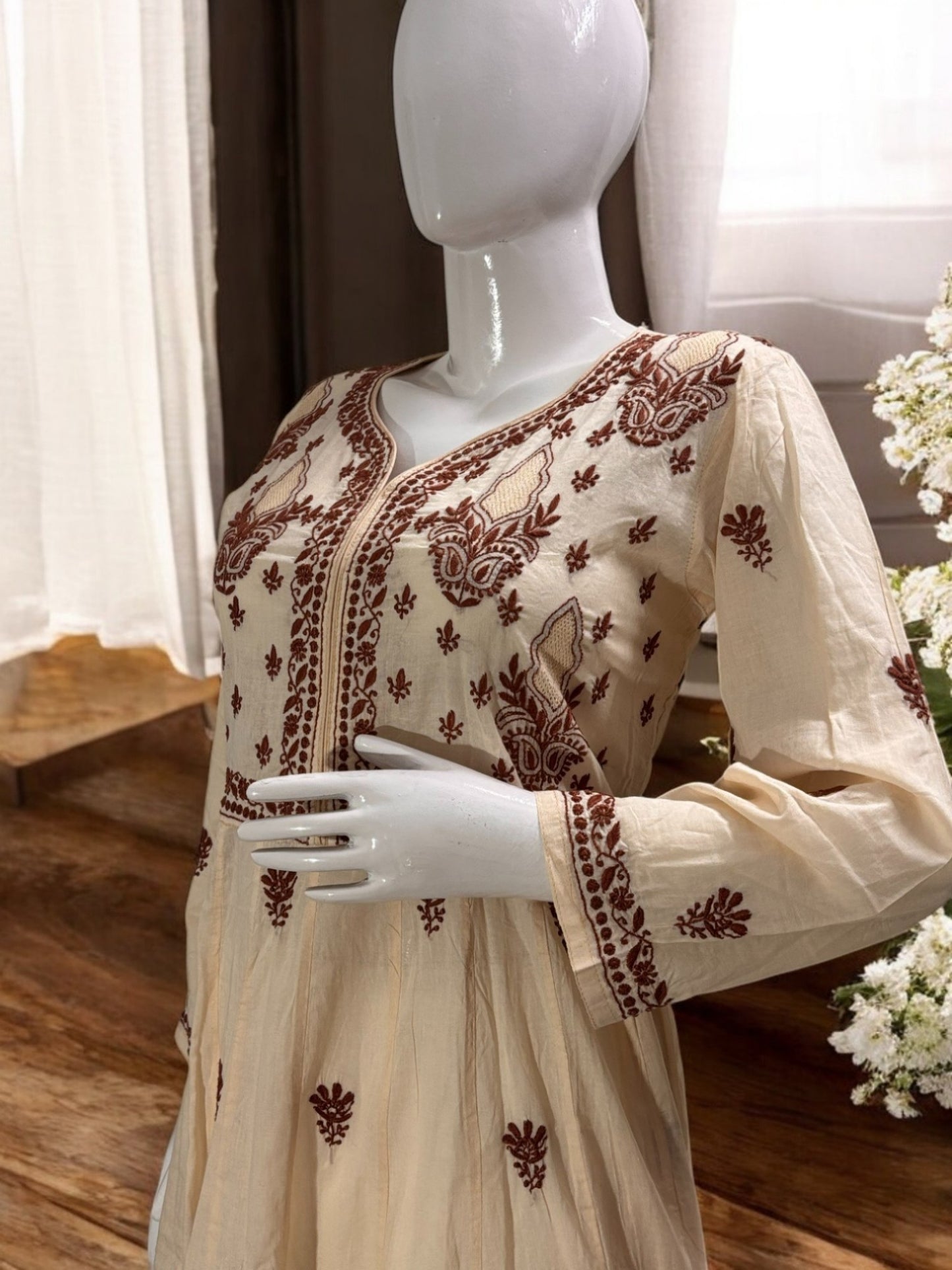 PREMIUM CHANDERI COTTON ANARKALI NOORI -COFFEE CREAM