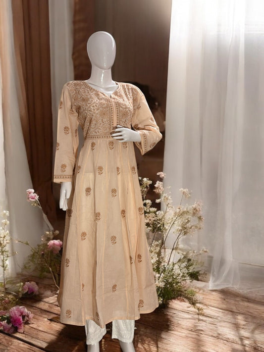 PREMIUM CHANDERI COTTON ANARKALI NOORI -COFFEE CREAM