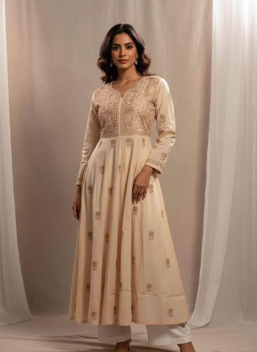 PREMIUM CHANDERI COTTON ANARKALI NOORI -COFFEE CREAM