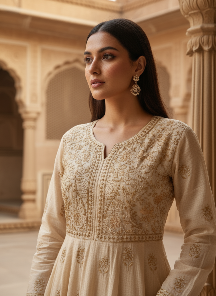 PREMIUM CHANDERI COTTON ANARKALI NOORI -COFFEE CREAM