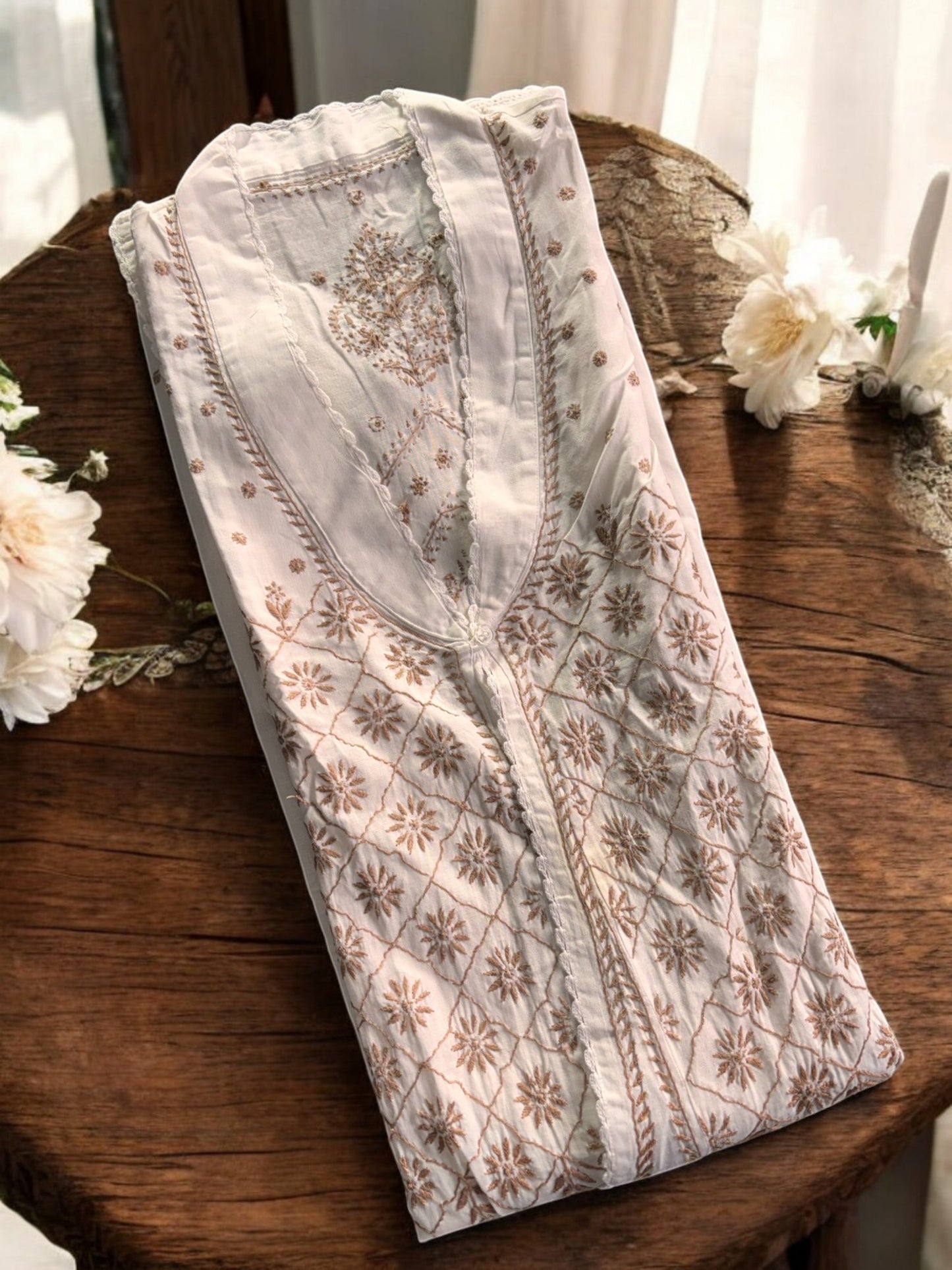 EXCLUSIVE WHITE COLOR LONG NOORI JACKET WITH HANDCRAFTED CHIKANKARI