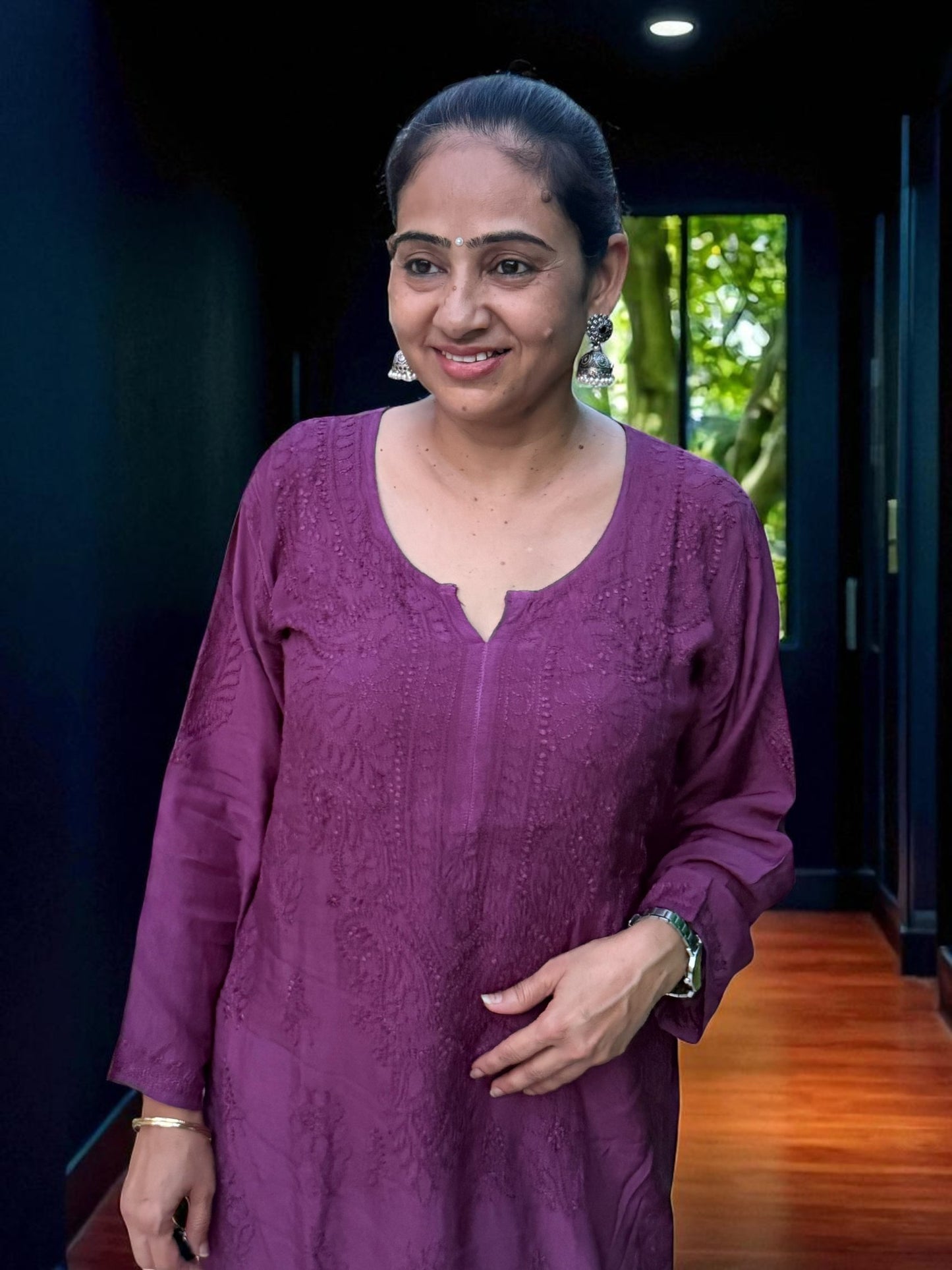 DARK PURPLE  MUSLIN CHIKANKARI KURTI