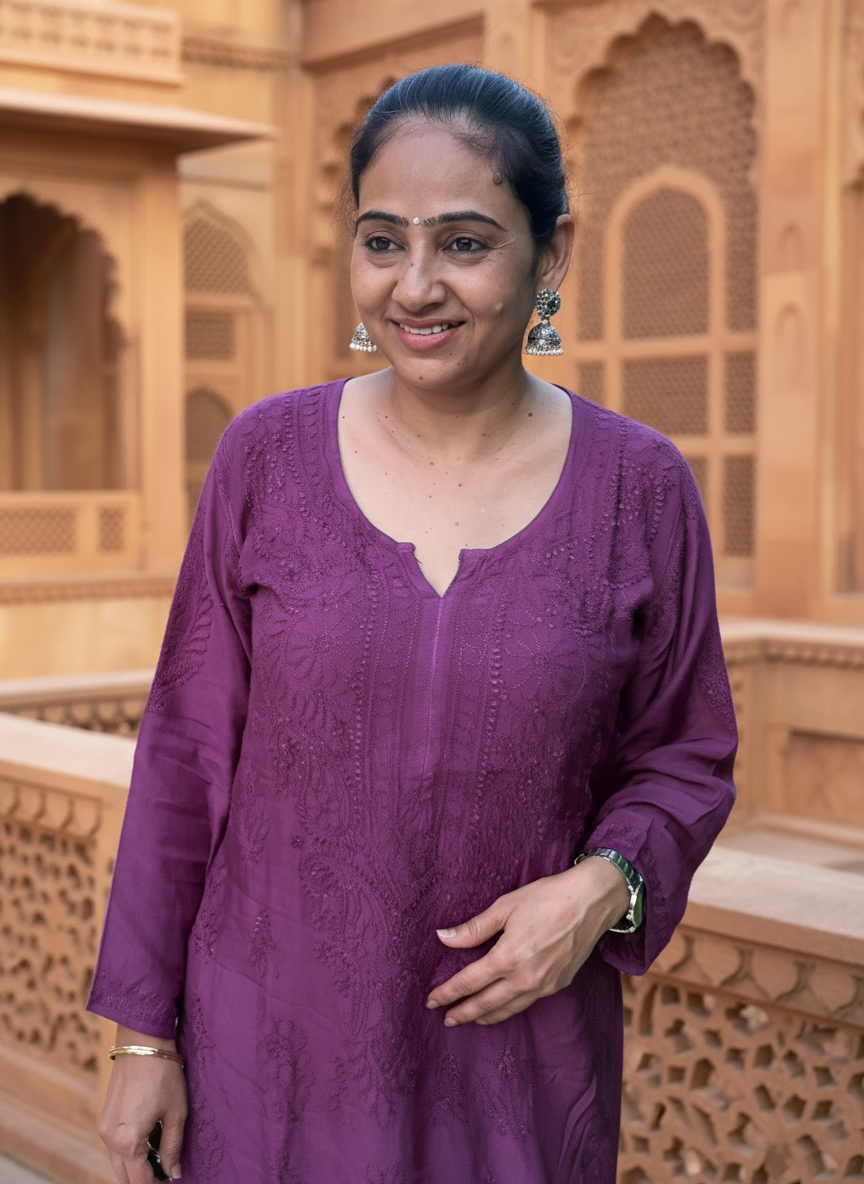 MUSLIN CHIKANKARI KURTI- DARK PURPLE