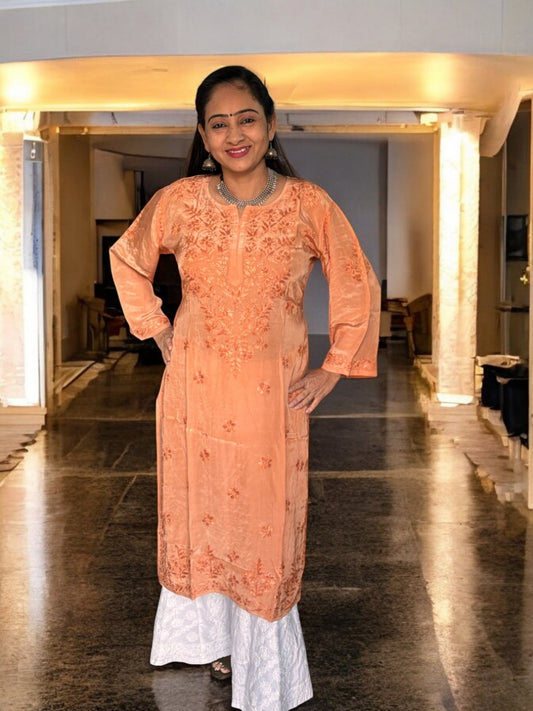 PASTEL BROWN  SATIN CHIKANKARI KURTI