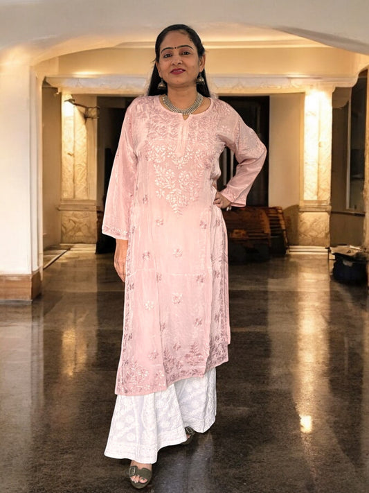 PASTEL MAUVE SATIN CHIKANKARI KURTI