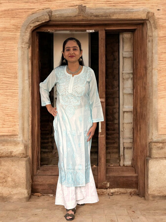 PASTEL BLUE CHANDERI COTTON CHIKANKARI KURTI