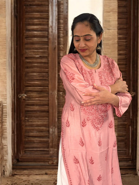 PASTEL PINK CHANDERI COTTON CHIKANKARI KURTA