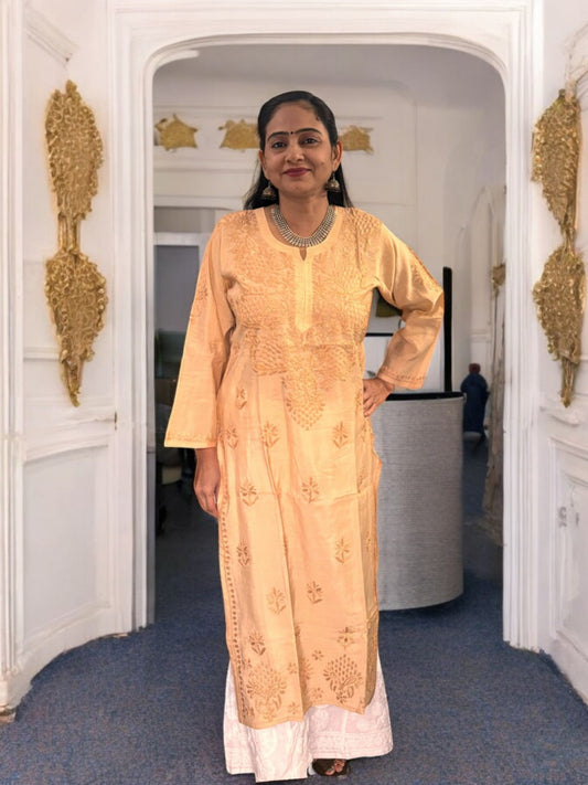 PASTEL PEACH CHANDERI COTTON CHIKANKARI KURTI