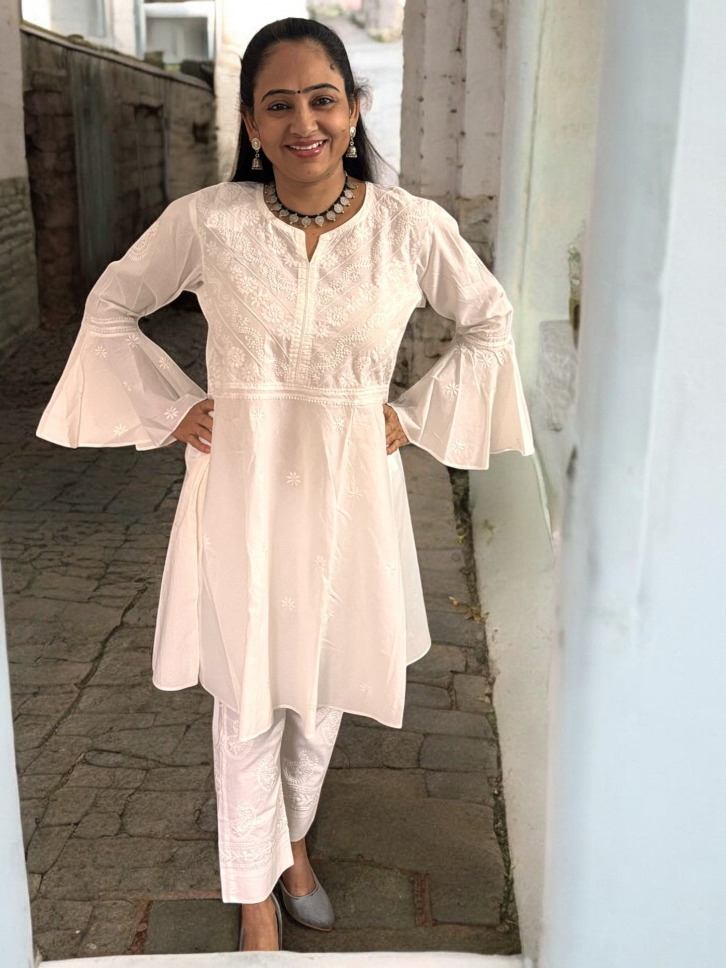PREMIUM WHITE COTTON SHORT HANDCRAFTED  KURTI