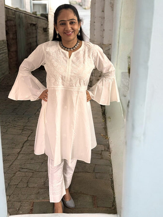 PREMIUM WHITE COTTON SHORT HANDCRAFTED  KURTI