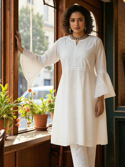 PREMIUM WHITE COTTON SHORT HANDCRAFTED  KURTI