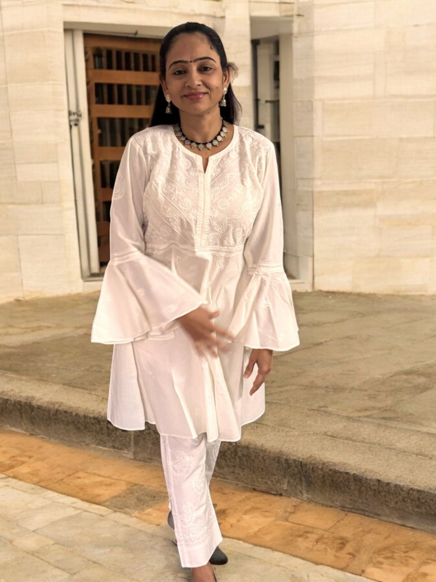 PREMIUM WHITE COTTON SHORT HANDCRAFTED  KURTI
