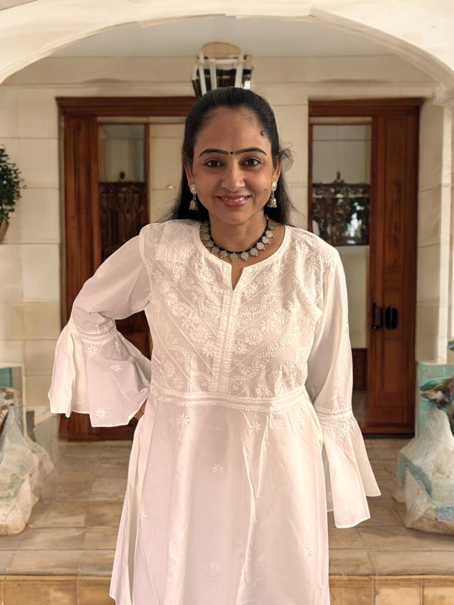 PREMIUM WHITE COTTON SHORT HANDCRAFTED  KURTI