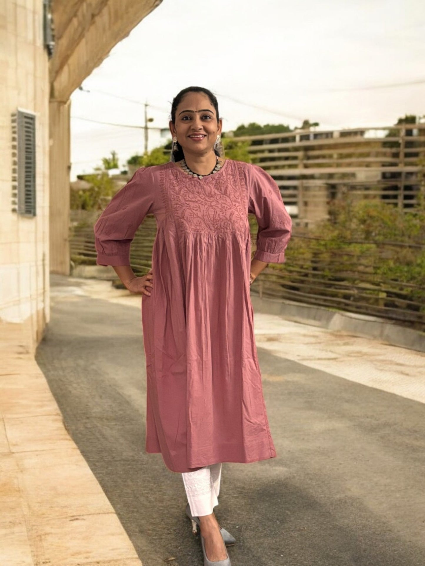 ONION COLOR PREMIUM COTTON  HANDCRAFTED KURTI