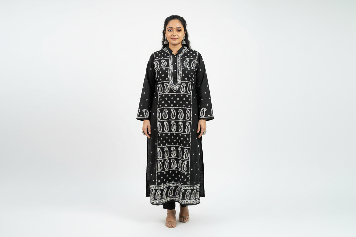BLACK CHIKANKARI NOORI WITH WHITE EMBROIDERY