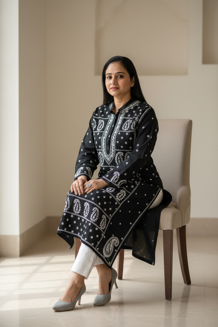 BLACK CHIKANKARI NOORI WITH WHITE EMBROIDERY