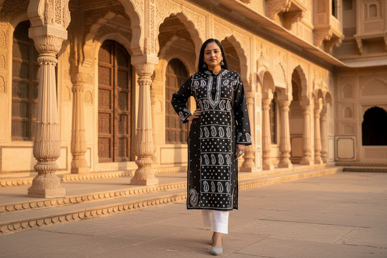 BLACK CHIKANKARI NOORI WITH WHITE EMBROIDERY