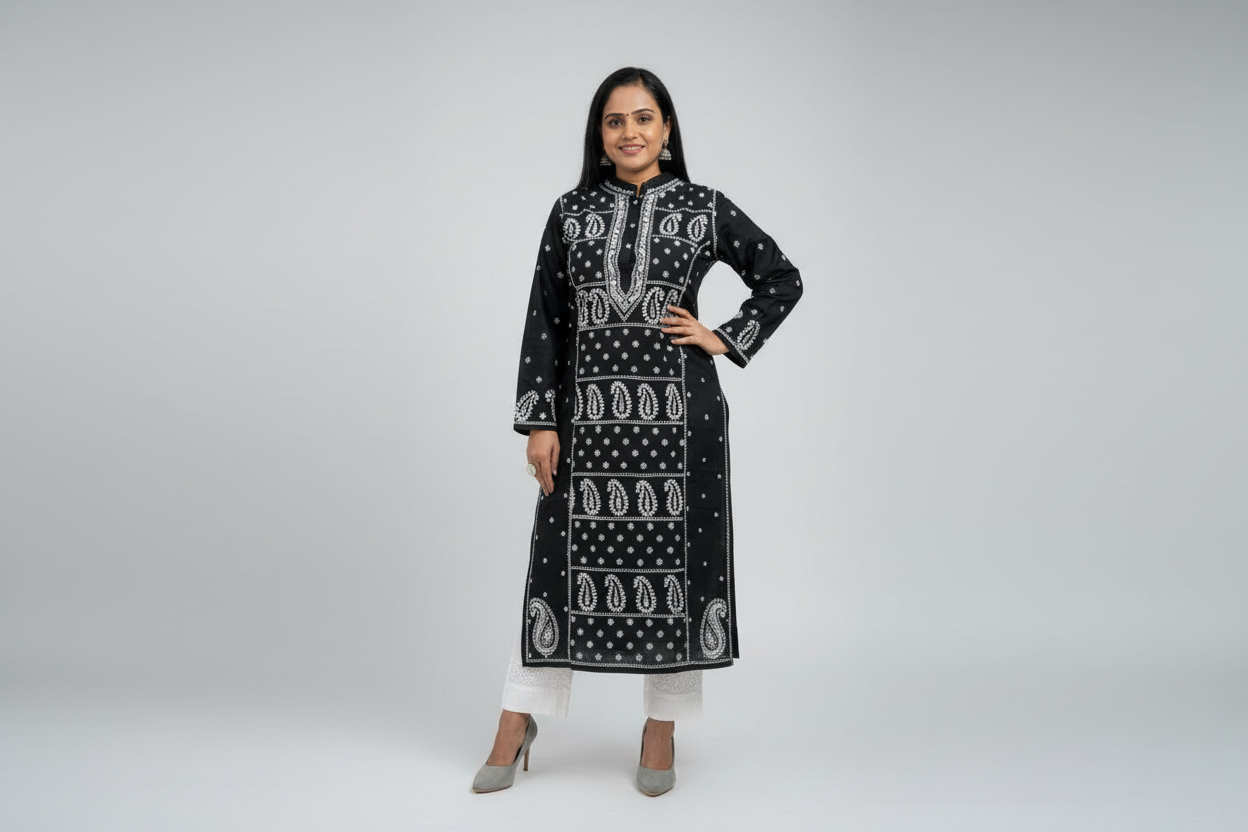 BLACK CHIKANKARI NOORI WITH WHITE EMBROIDERY