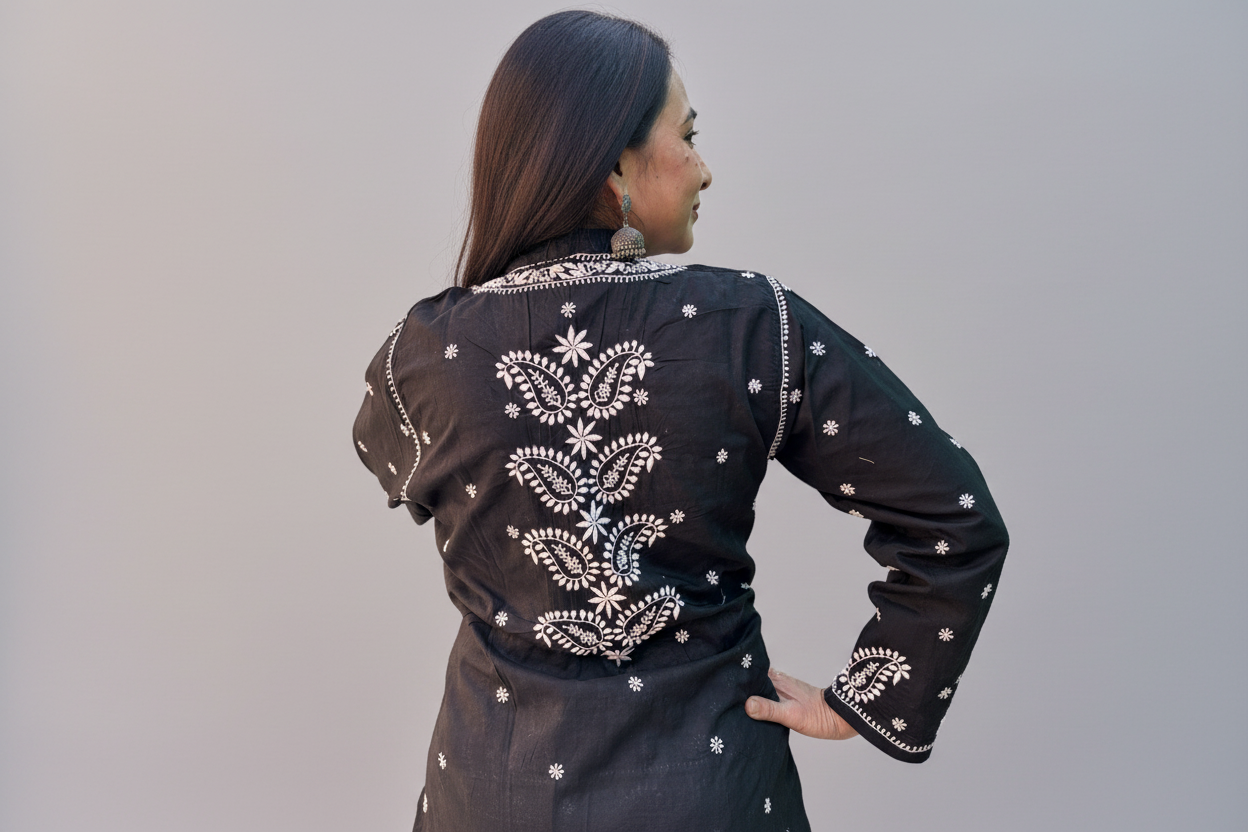 BLACK CHIKANKARI NOORI WITH WHITE EMBROIDERY