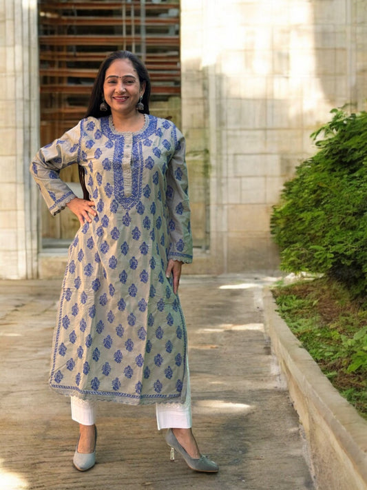 PREMIUM GREY NOORI  WITH BLUE EMBROIDERY