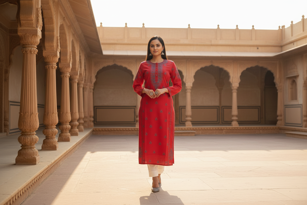 ELEGANT RED CHIKANKARI NOORI WITH BLUE EMBROIDERY