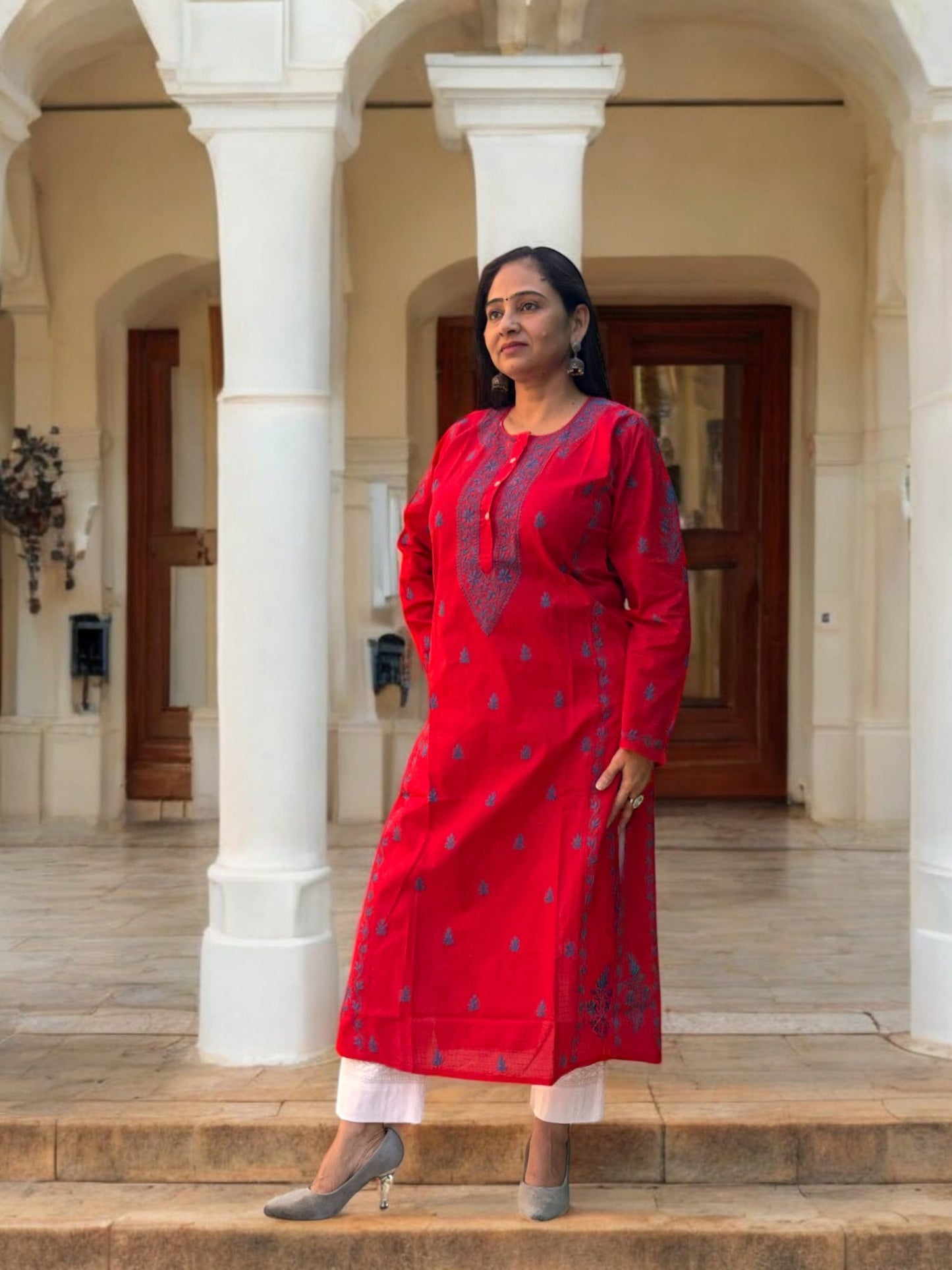 ELEGANT RED CHIKANKARI NOORI WITH BLUE EMBROIDERY